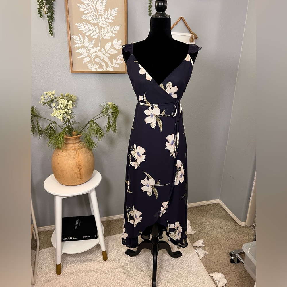 Lulu's Midnight Blue Floral Wrap Dresses